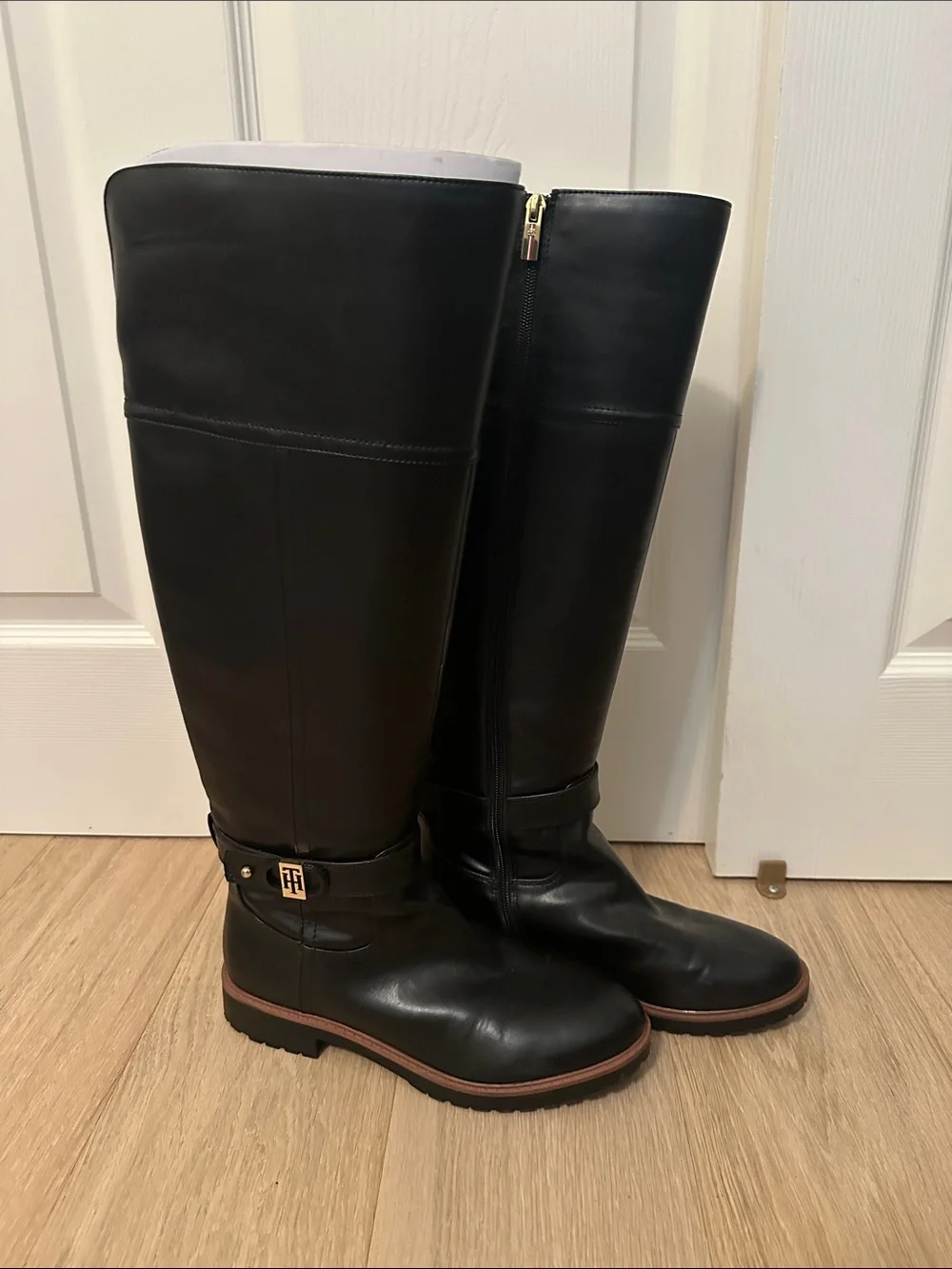 Tommy Hilfiger Black Leather Knee-High Winter Boots with Brown Trim